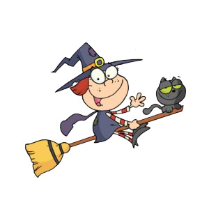 Little witch flying on broom with cat  listed in characters decals.