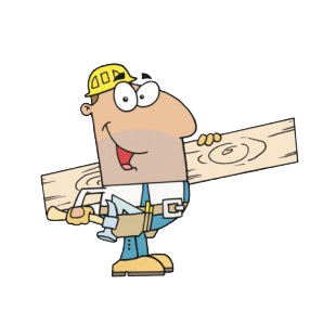 Smiling construction man holding plank of wood listed in characters decals.