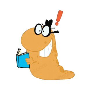 Happy worm reading a book having an idea listed in characters decals.