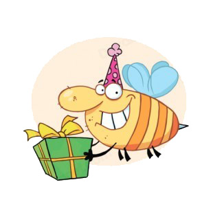 Bee with purple party hat carrying gift pink backround listed in characters decals.