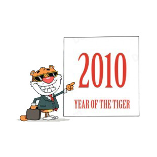 Tiger presenting sign with 2010 year of the tiger sign listed in characters decals.
