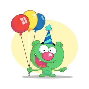Green bear with green and yellow party hat and balloon  listed in characters decals.