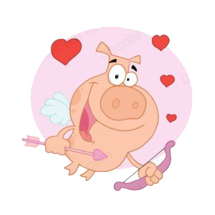 Cupid pig flying with bow and arrow and hearts around listed in characters decals.