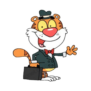 Tiger in suit with hat holding briefcase waving listed in characters decals.