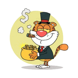 Tiger smoking cigar holding pot of gold listed in characters decals.