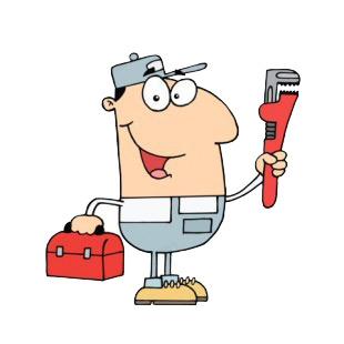 Smiling repairman holding wrench and toolbox  listed in characters decals.