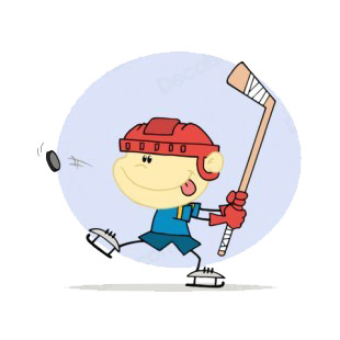 Boy with red helmet playing hockey blue backround listed in characters decals.