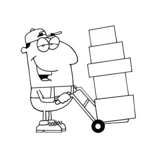 Man with hat smiling delivering boxes  listed in characters decals.