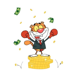 Tiger with boxing gloves on dollars coin stacks  listed in characters decals.