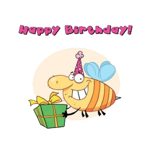 Happy birhtday bee with purple party hat carrying gift  listed in characters decals.