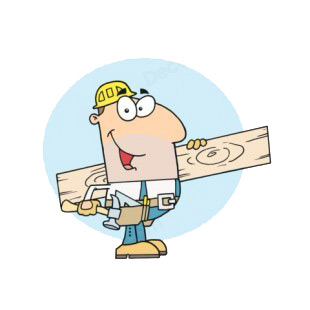 Smiling construction man holding plank of wood  listed in characters decals.