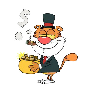 Tiger smoking cigar holding pot of gold  listed in characters decals.