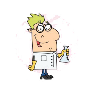 Scientist with eyeglasses holding flask pink backround listed in characters decals.