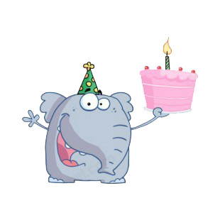 Elephant with party hat holding birthday cake  listed in characters decals.