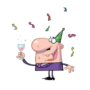 Man celebrating with glass of wine and streamers listed in characters decals.