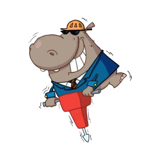 Hippo in suit with jackhammer listed in characters decals.