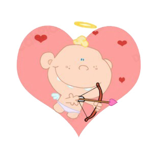 Cupid with bow and arrow with hearts around listed in characters decals.