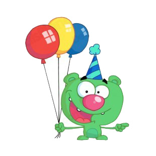 Green bear with blue party hat and balloons listed in characters decals.