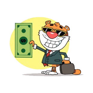 Tiger with suit and sunglasses holding dollar  listed in characters decals.