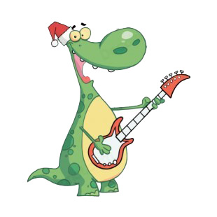 Green dinosaur with santa hat playing guitar listed in characters decals.