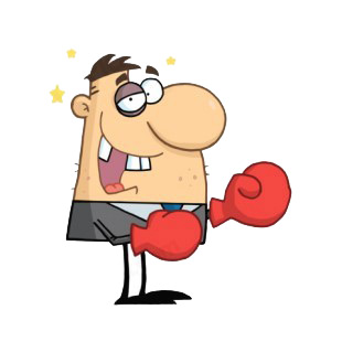 Businessman with black eye wearing boxing gloves  listed in characters decals.