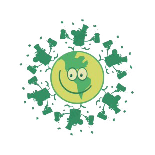Smiling green planet with leprechauns dancing on it listed in characters decals.