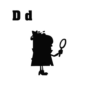 Alphabet D detective with magnifying glass silhouette listed in characters decals.