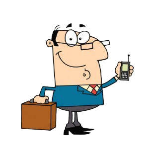 Businessman with brown briefcase and cellphone listed in characters decals.