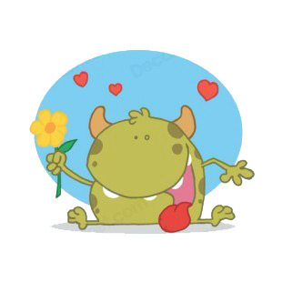 Green monster holding orange flower with hearts around listed in characters decals.