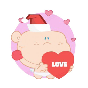 Cupid with santa hat holding heart with love writing listed in characters decals.