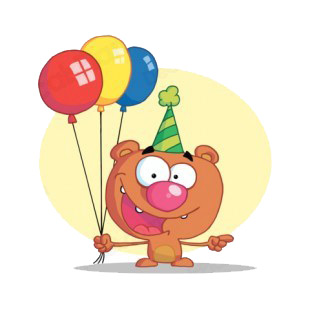 Brown bear with green party hat and balloons  listed in characters decals.