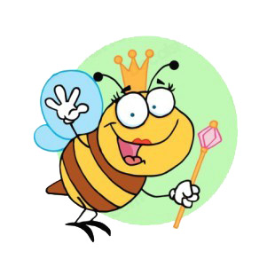 Queen bee smiling and waving green backround listed in characters decals.