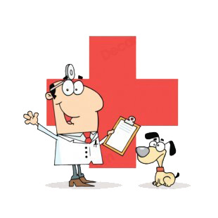 Veterinarian man waving with brown dog listed in characters decals.
