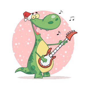 Dinosaur with santa hat playing guitar  listed in characters decals.