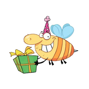 Bee with purple party hat carrying gift  listed in characters decals.