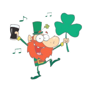 Leprechaun holding shamrock and glass of beer dancing listed in characters decals.