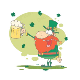 Leprechaun holding beer mug with shamrocks around listed in characters decals.