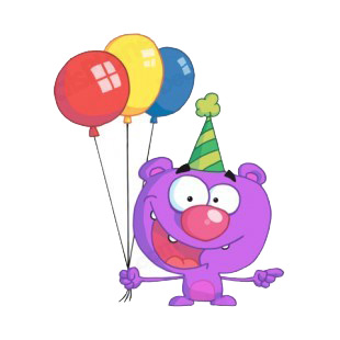 Purple bear with green party hat and balloons  listed in characters decals.