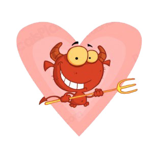 Little devil smiling with pitchfork heart backround listed in characters decals.