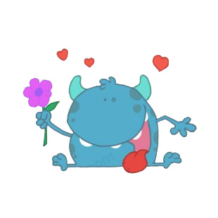 Blue monster holding purple flower with hearts around  listed in characters decals.