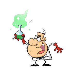 Mad scientist holding bubbling beaker of chemicals  listed in characters decals.