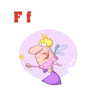 Alphabet F fairy carrying purple sack purple backround listed in characters decals.