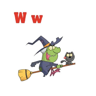 Alphabet W witch flying on broom with cat listed in characters decals.