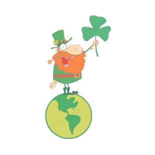 Leprechaun with shamrock in globe listed in characters decals.