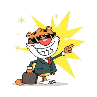 Tiger holding briefcase pointing towards success  listed in characters decals.