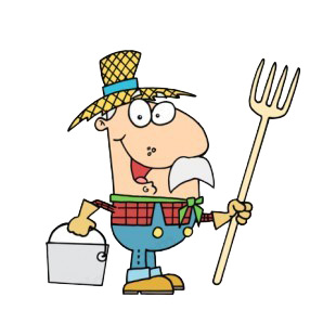 Farmer holding fork and bucket  listed in characters decals.