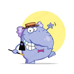 Purple elephant with hat and cane dancing listed in characters decals.