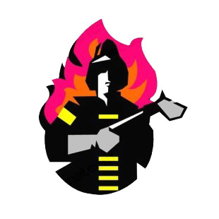 Fireman with ax  flame backound drawing listed in police and fire decals.