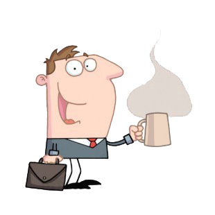 Businessman with briefcase holding cup of coffee listed in characters decals.