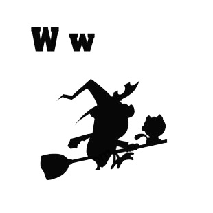 Alphabet W witch flying on broom with cat silhouette listed in characters decals.